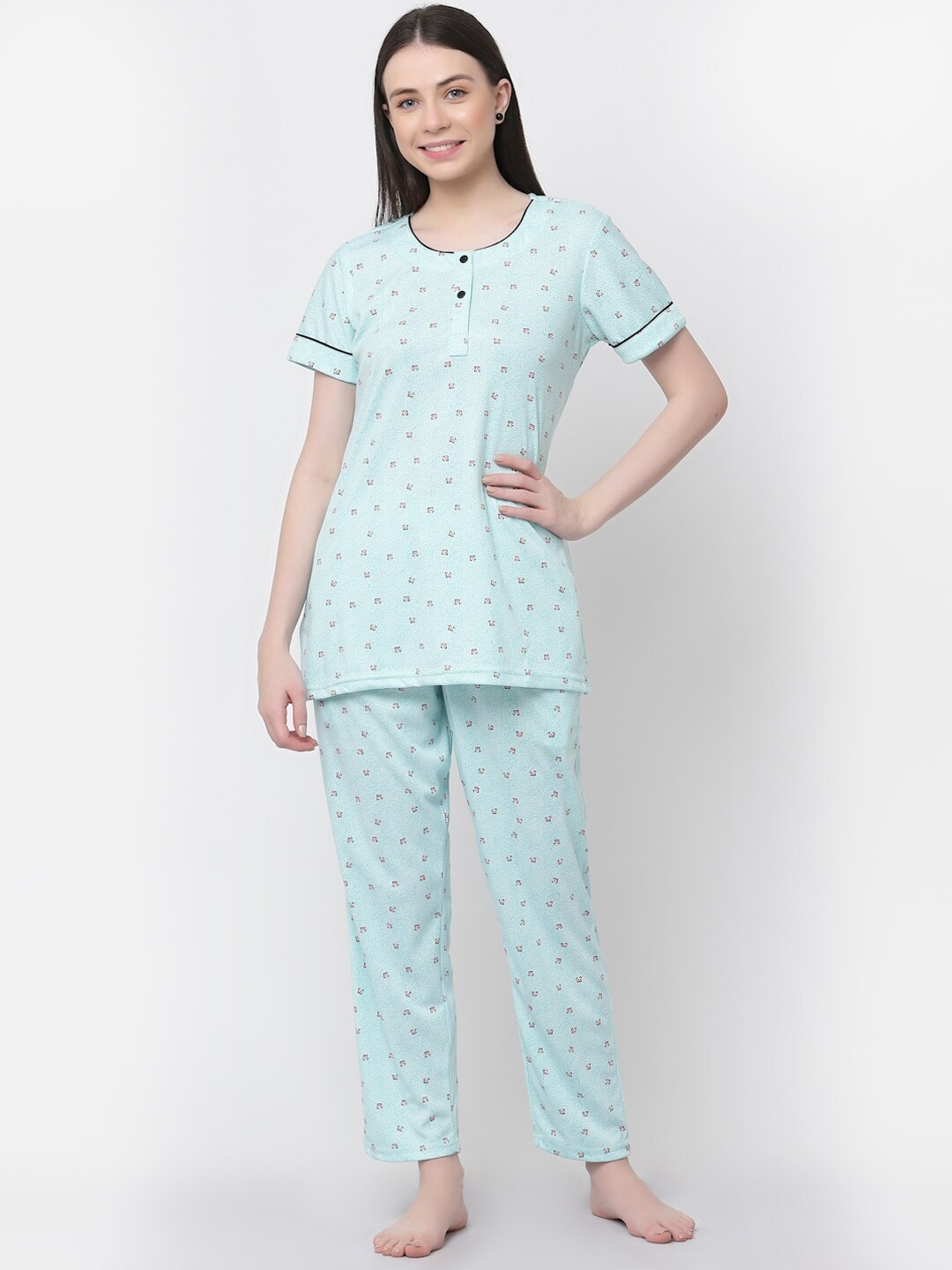 

SHYAM SONS FLAIR Floral Printed Pure Cotton Night Suit, Blue