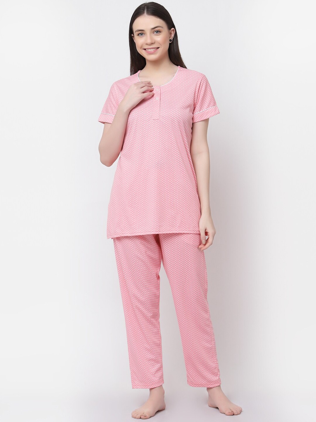 

SHYAM SONS FLAIR Polk Dots Printed Pure Cotton Night Suit, Coral