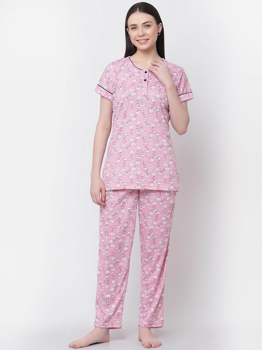 

SHYAM SONS FLAIR Floral Printed Pure Cotton Night Suit, Pink