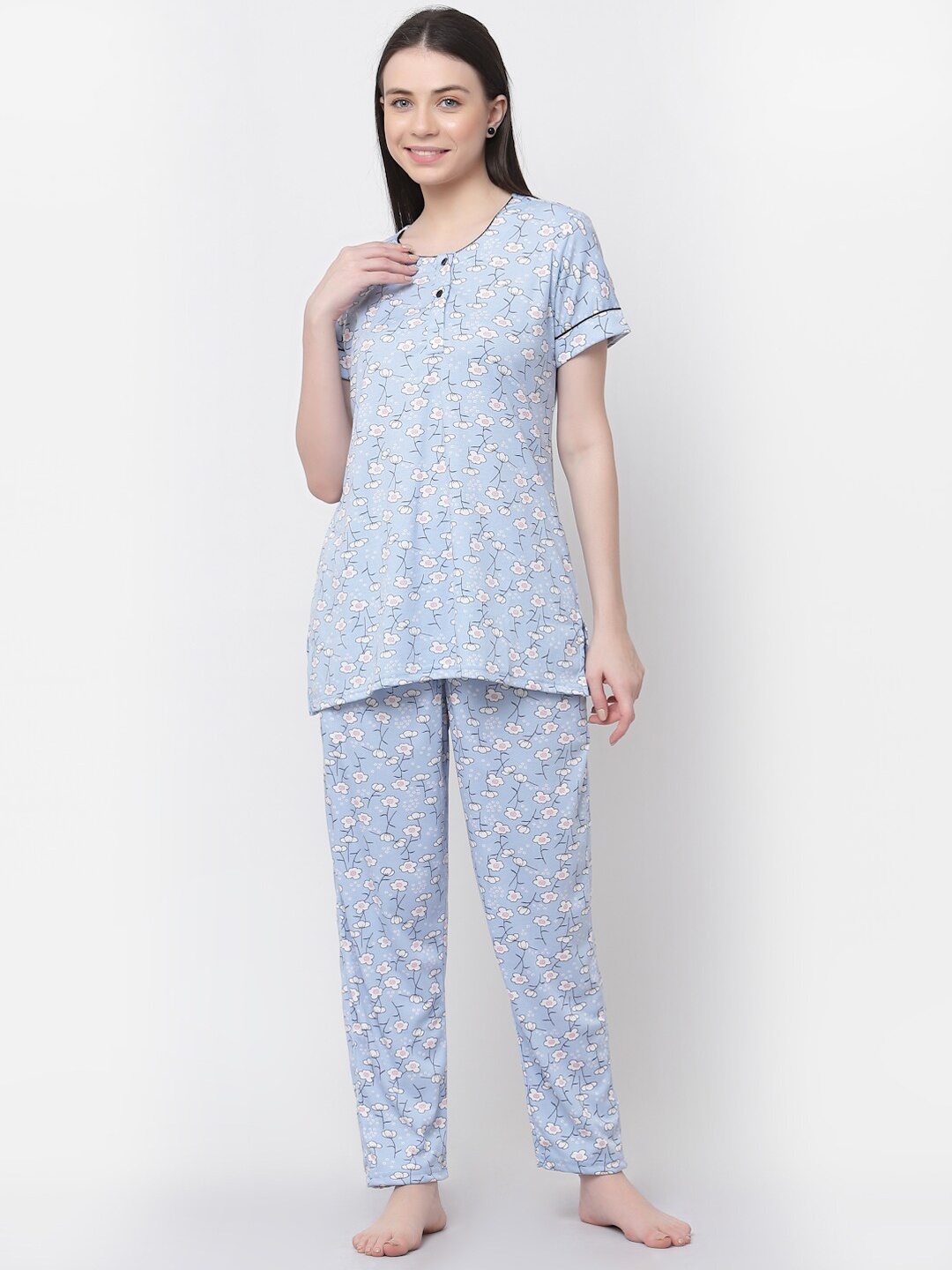 

SHYAM SONS FLAIR Floral Printed Pure Cotton Night Suit, Blue