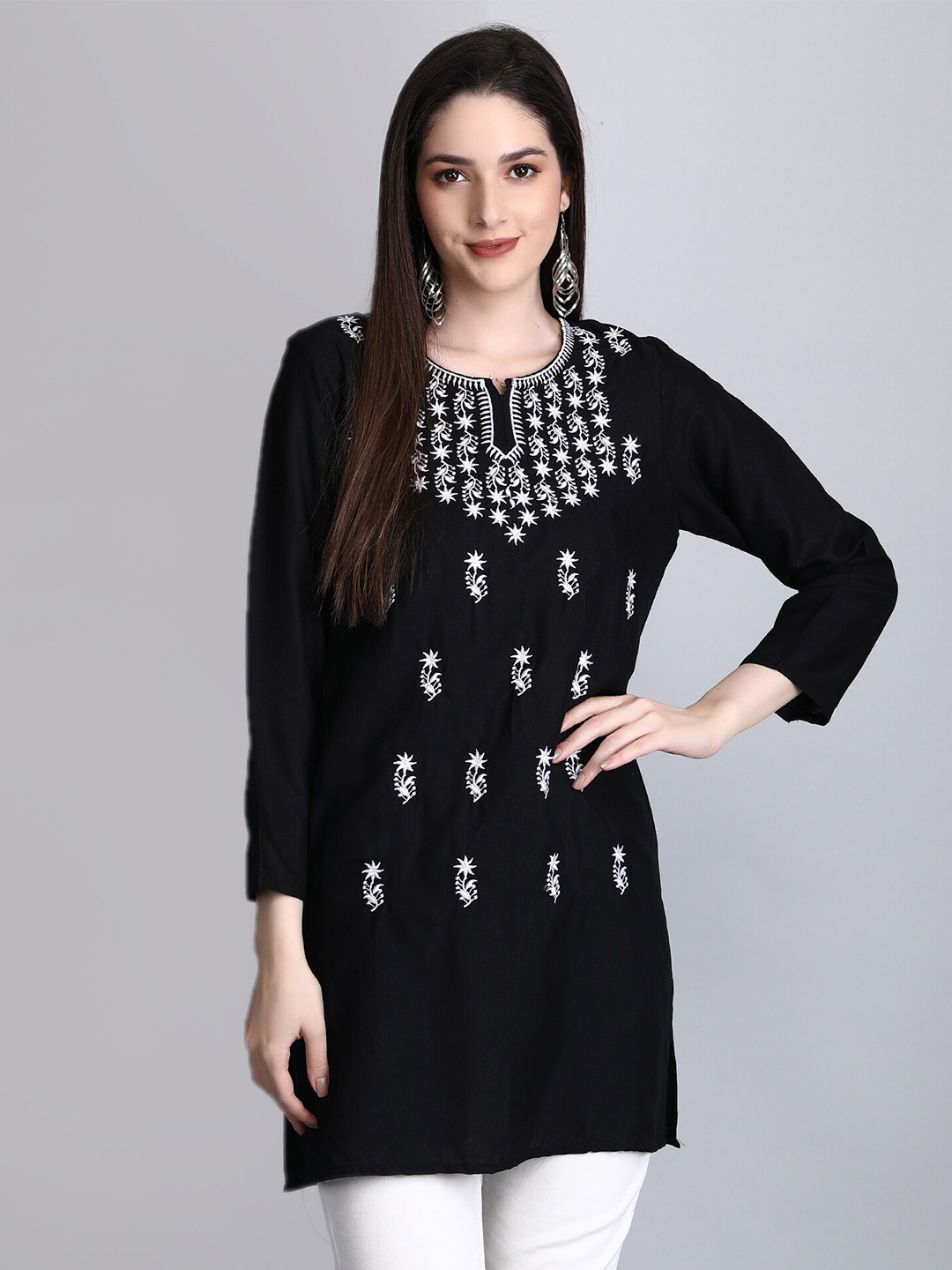 

SGRF Ethnic Motifs Embroidered Straight Kurti, Black