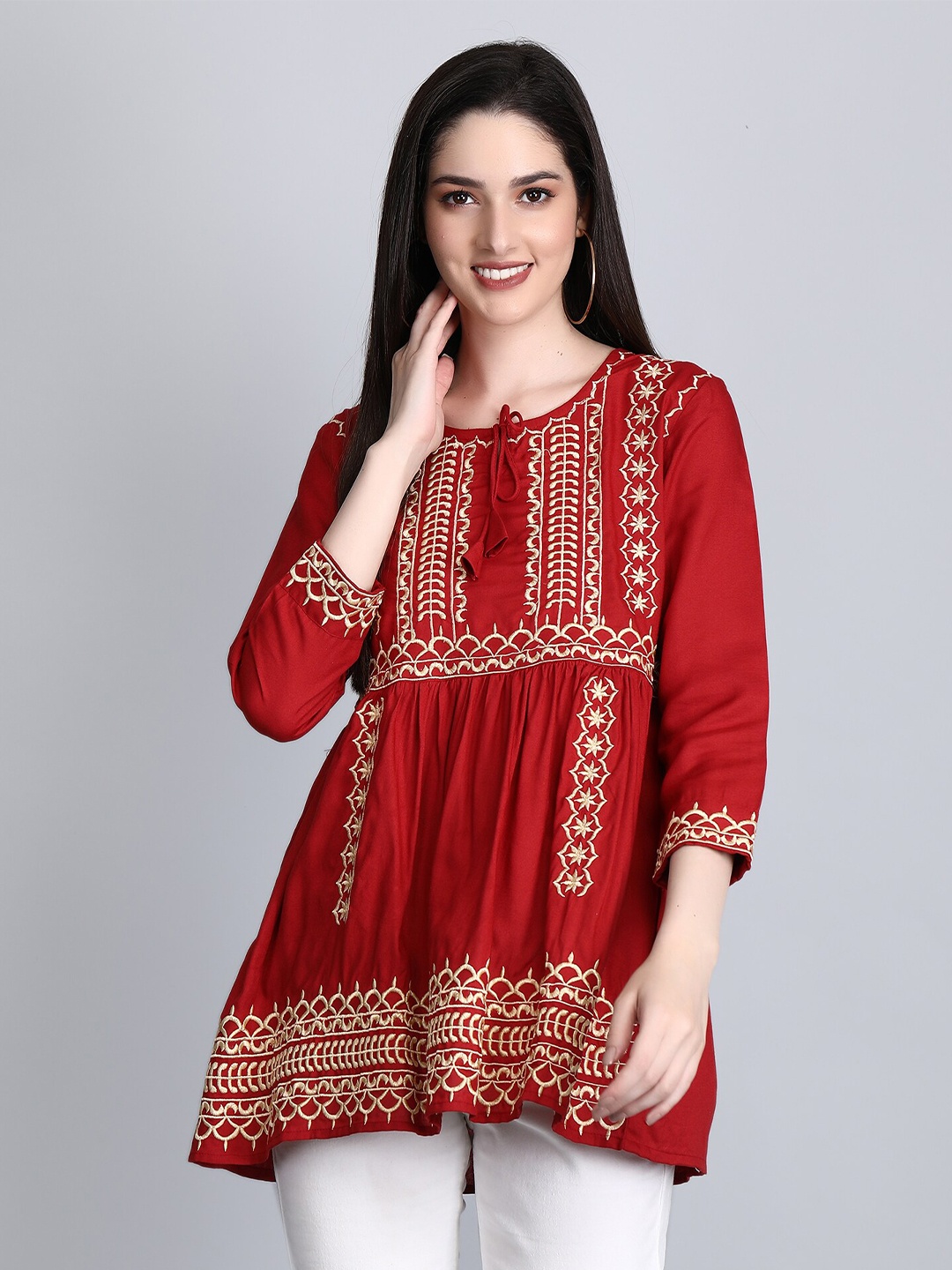 

SGRF Ethnic Motifs Embroidered Tie-Up Neck A-Line Top, Red