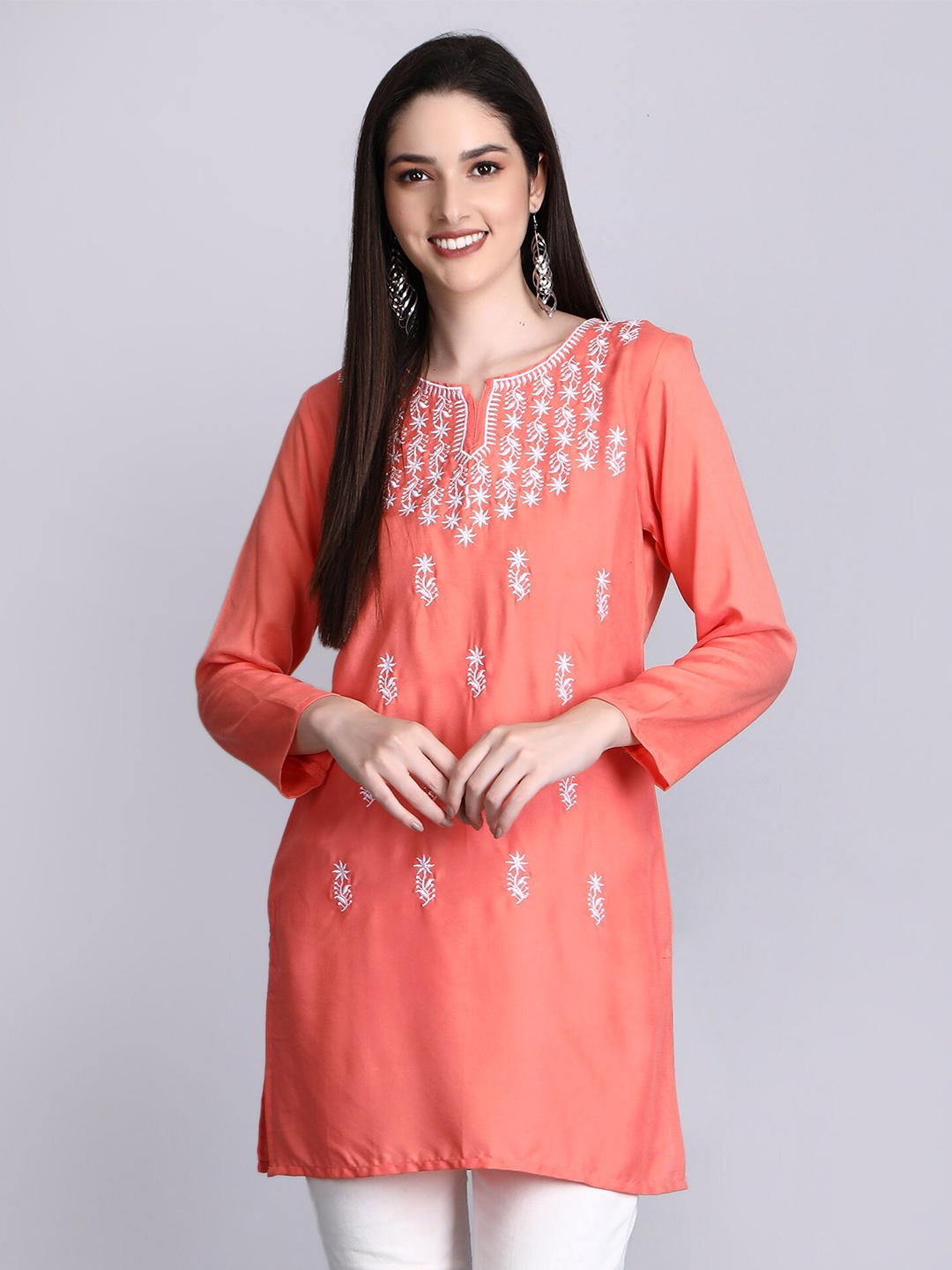 

SGRF Ethnic Motifs Embroidered Straight Kurti, Peach