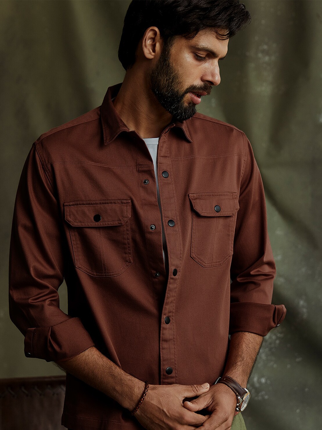 

Andamen Premium Men Regular Fit Solid Opaque Overshirt, Rust