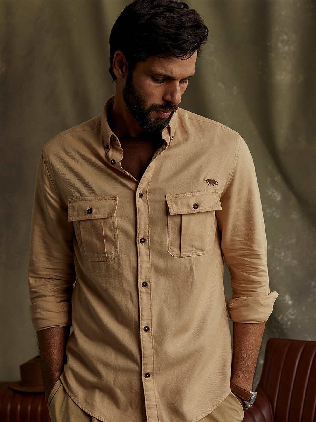 

Andamen Premium Button-Down Collar Slim Fit Cotton Twill Opaque Casual Shirt, Khaki