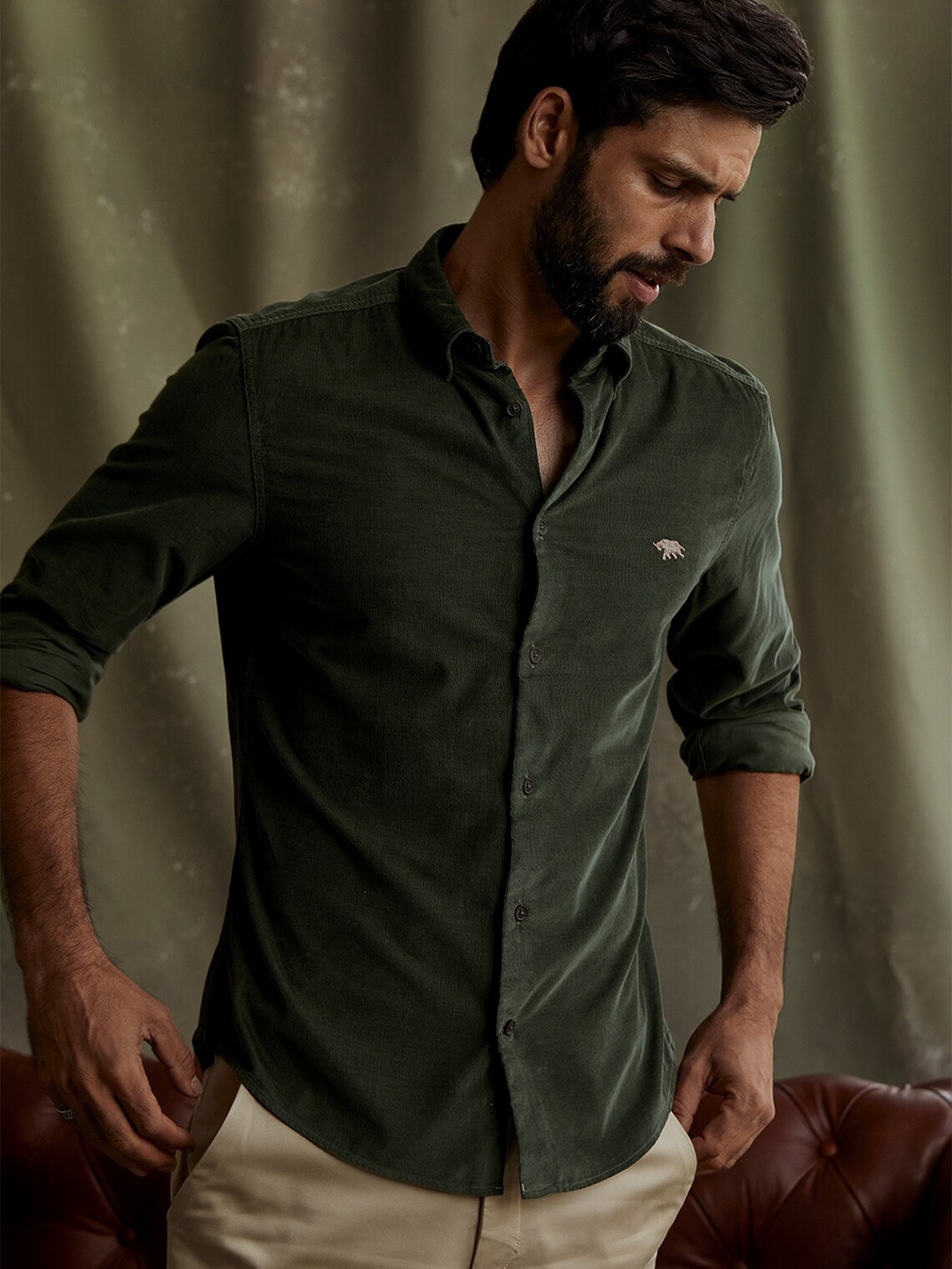 

Andamen Premium Corduroy Cotton Full Sleeve Slim Fit Casual Shirt, Olive