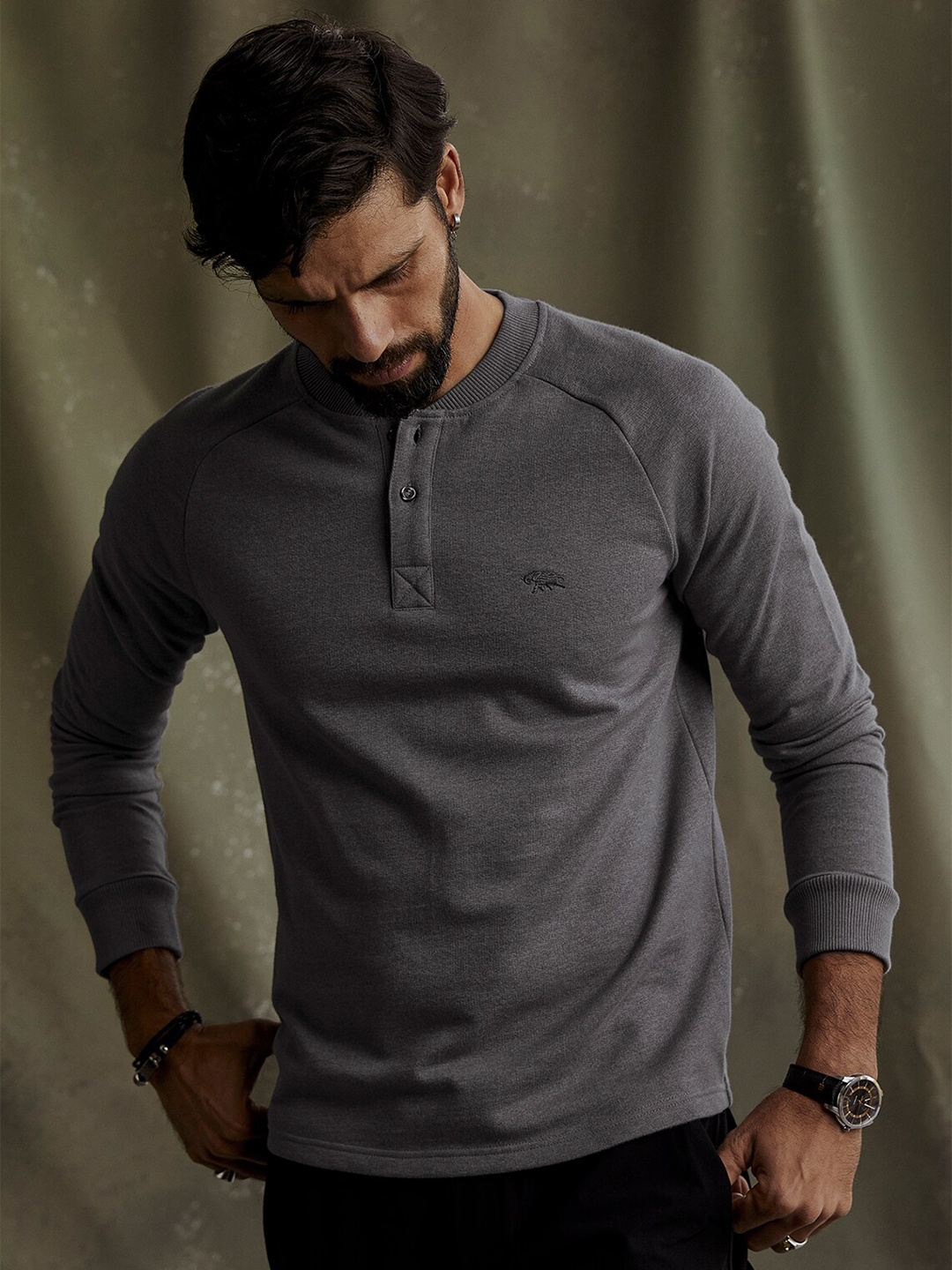 

Andamen Henley Neck Long Sleeves Cotton T-shirt, Grey