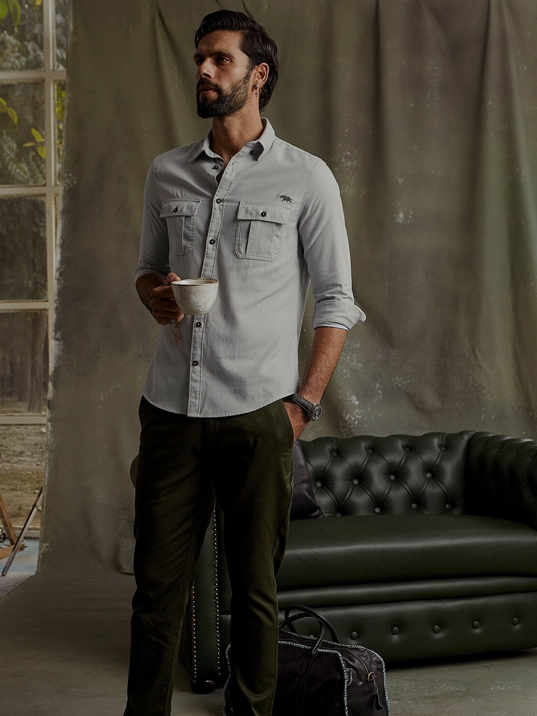 

Andamen Cotton Premium Spread Collar Slim Fit Curved Casual Shirt, Grey