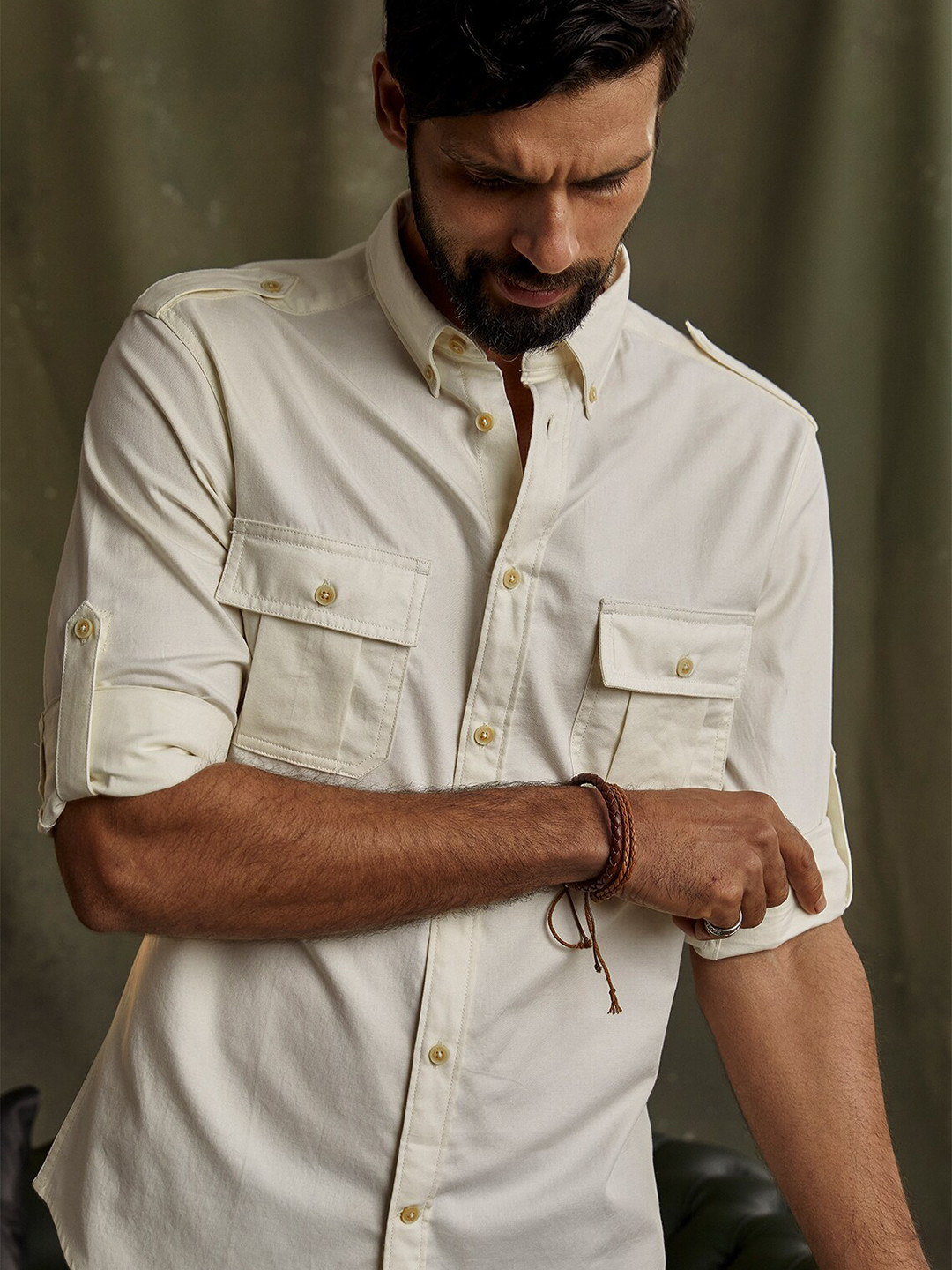 

Andamen Cotton Premium Spread Collar Curved Casual Shirt, Off white