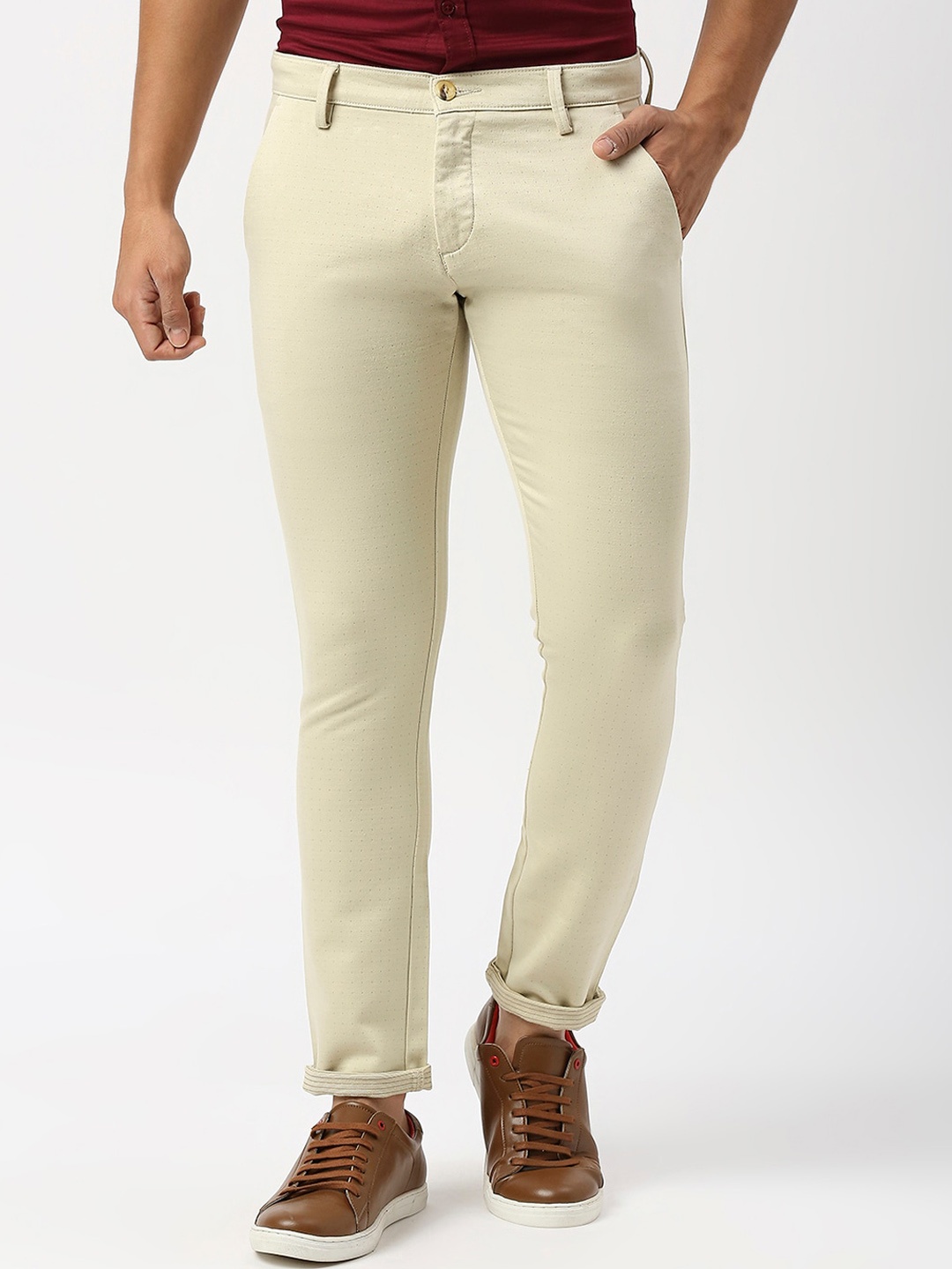 

Berkshire Men Smart Slim Fit Mid-Rise Polka Dots Printed Easy Wash Trousers, Beige