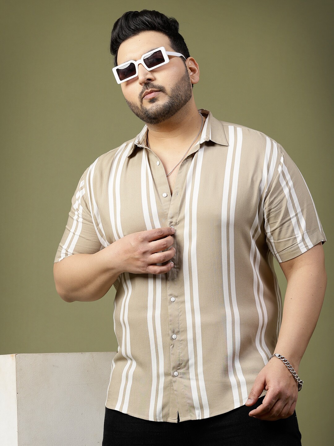

Rigo Plus Size Striped Casual Shirt, Beige