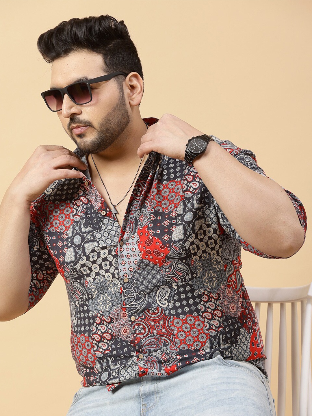 

Rigo Plus Size Comfort Slim Fit Ethnic Motifs Printed Casual Shirt, Black