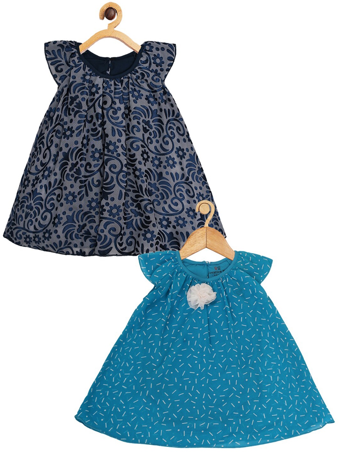 

Creative Kids Girls Pack of 2 Floral Printed A-Line Dress, Navy blue
