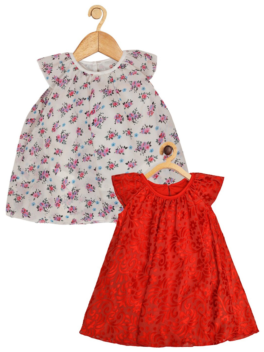 

Creative Kids Infants Girls Pack Of 2 Floral Printed Cap Sleeves A-Line Romper Dress, Red