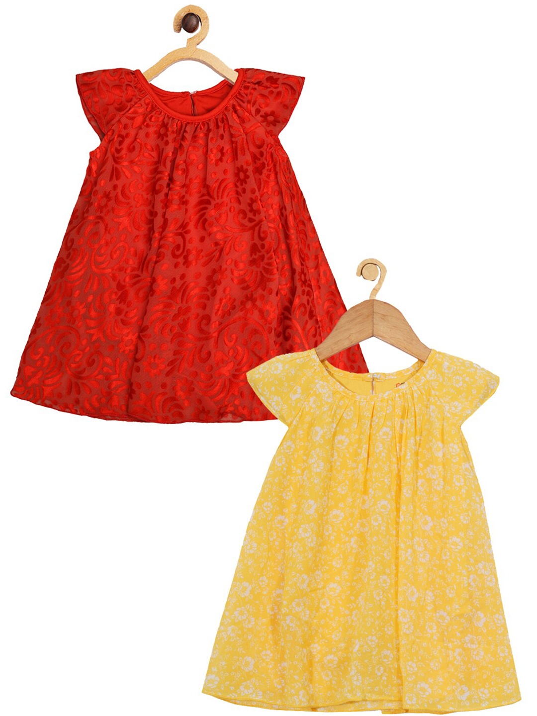

Creative Kids Infants Girls Pack Of 2 Floral Printed Cap Sleeves A-Line Romper Dress, Red