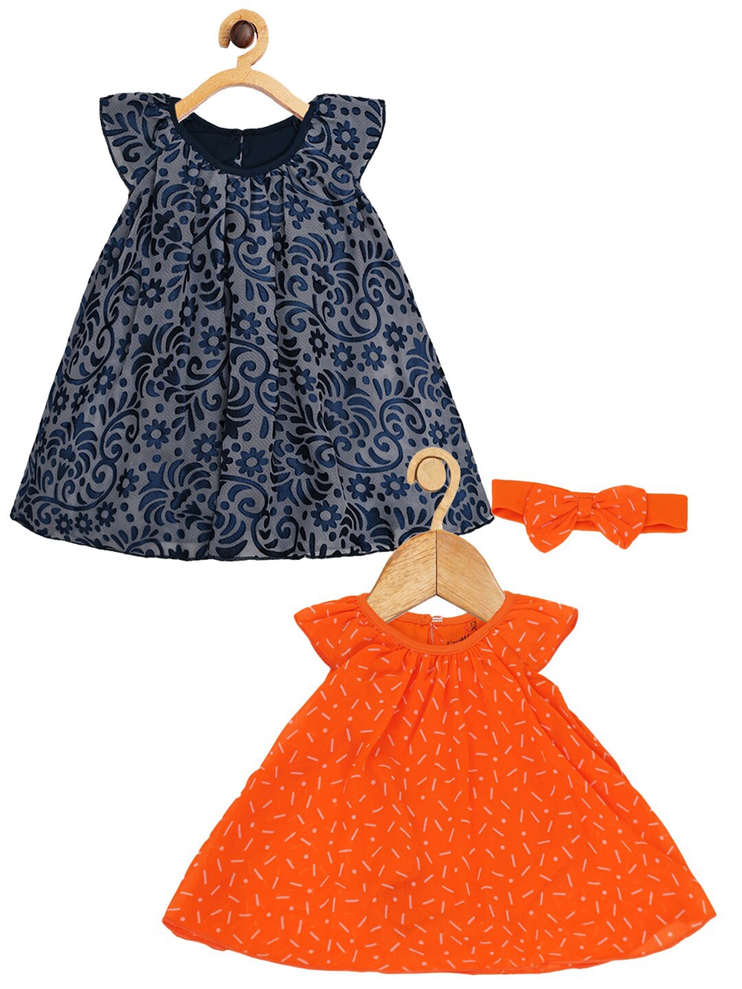 

Creative Kids Infants Girls Pack Of 2 Floral Printed Cap Sleeves A-Line Romper Dress, Orange