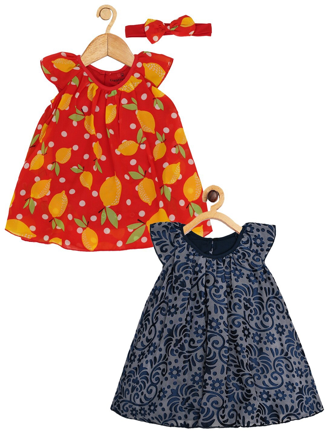 

Creative Kids Infants Girls Pack Of 2 Floral Printed Cap Sleeves A-Line Romper Dress, Navy blue