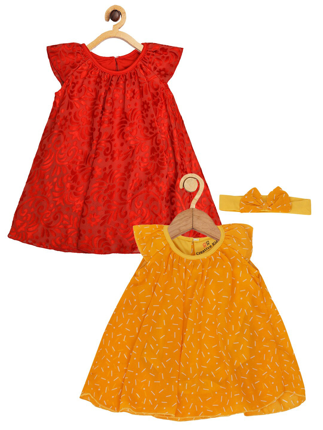 

Creative Kids Infants Girls Pack Of 2 Floral Printed Cap Sleeves A-Line Romper Dress, Yellow