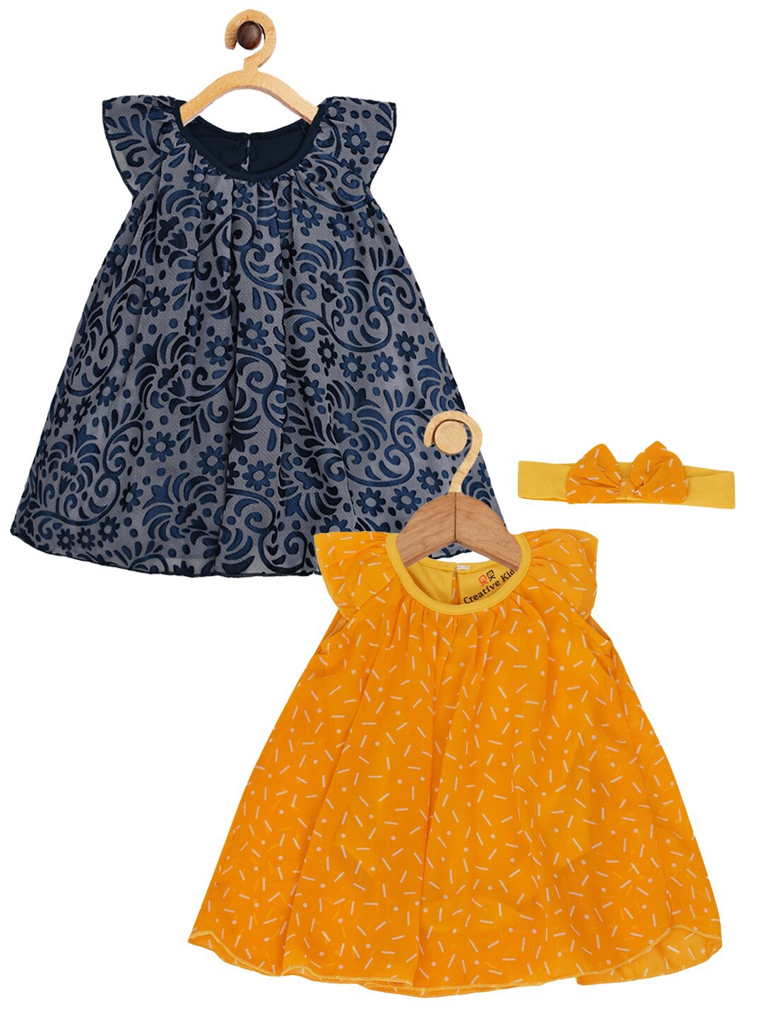 

Creative Kids Infants Girls Pack of 2 Floral Printed A-Line Dress, Navy blue