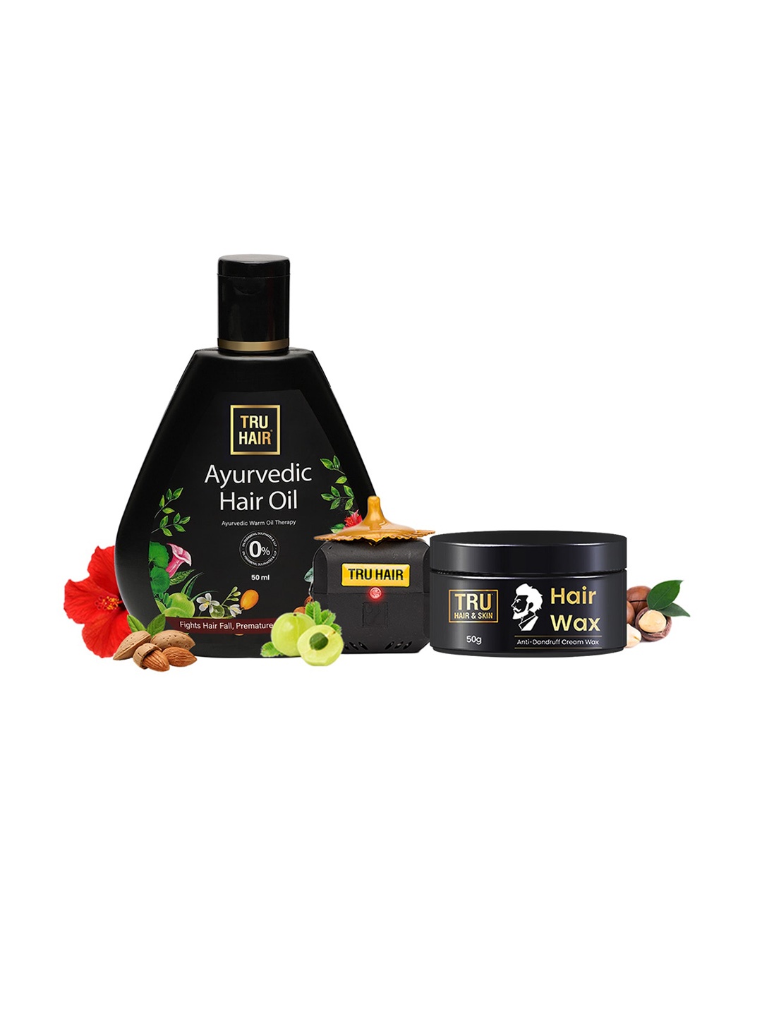 

TRU HAIR Set Of 2 Ayurvedic Hair Oil With Heater - 50ml-Cream Hair Wax - 50g, Black