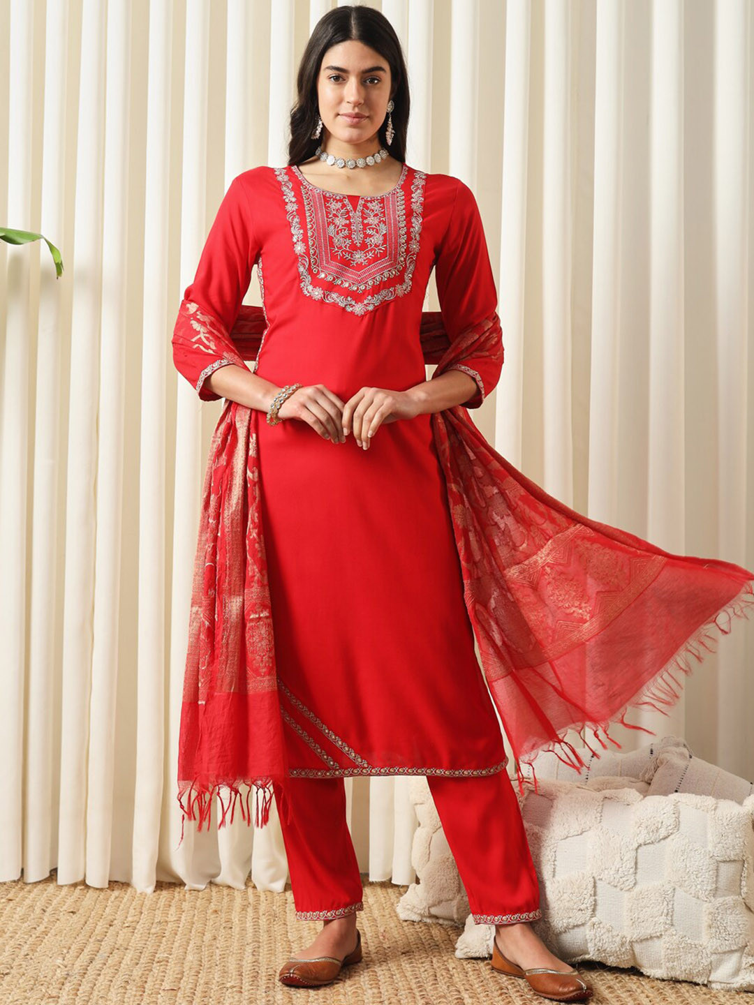 

KALINI Ethnic Motifs Yoke Design Kurta With Trousers & Dupatta, Red