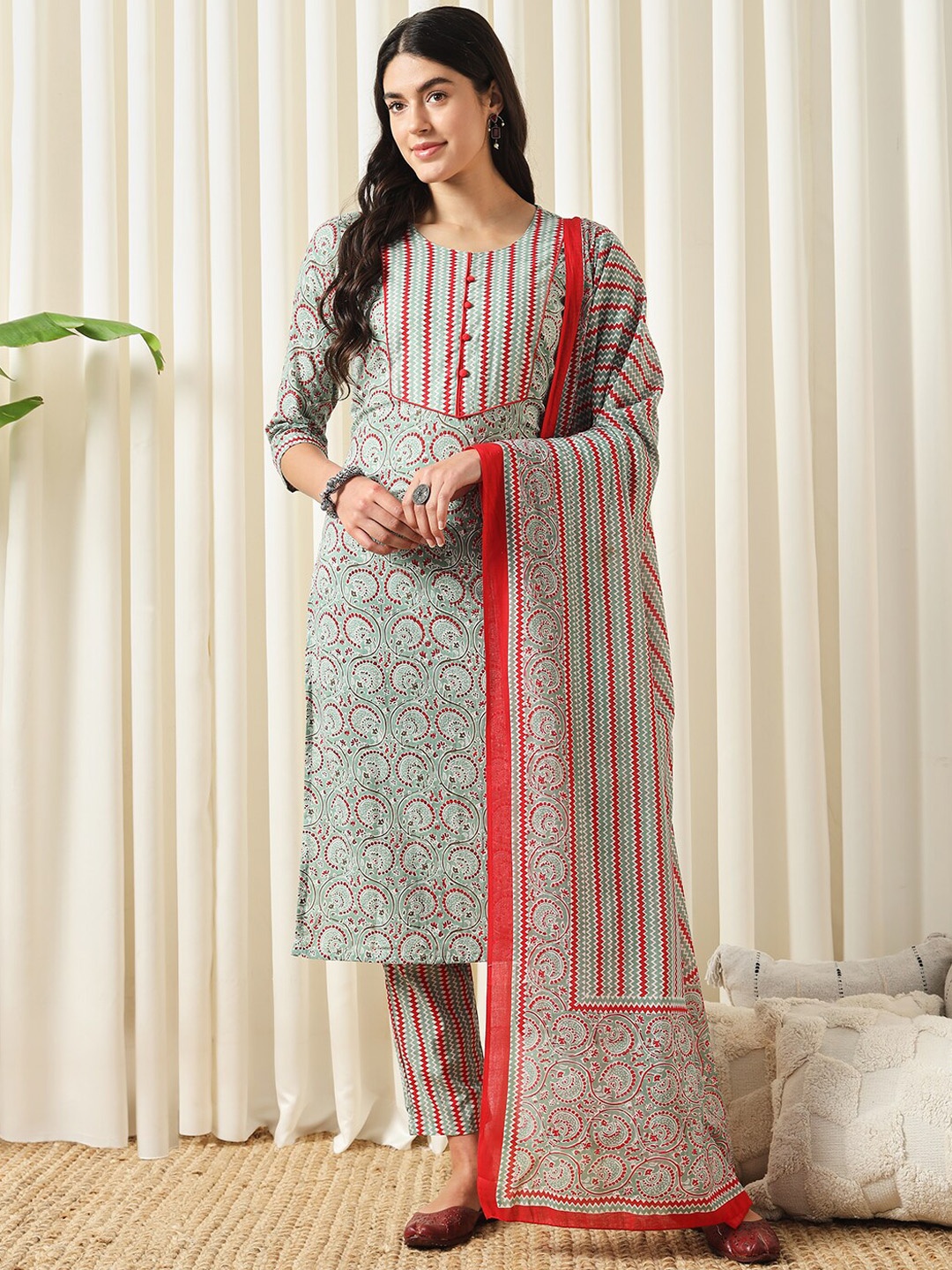 

KALINI Ethnic Motifs Printed Regular Pure Cotton Kurta with Trousers & Dupatta, Red