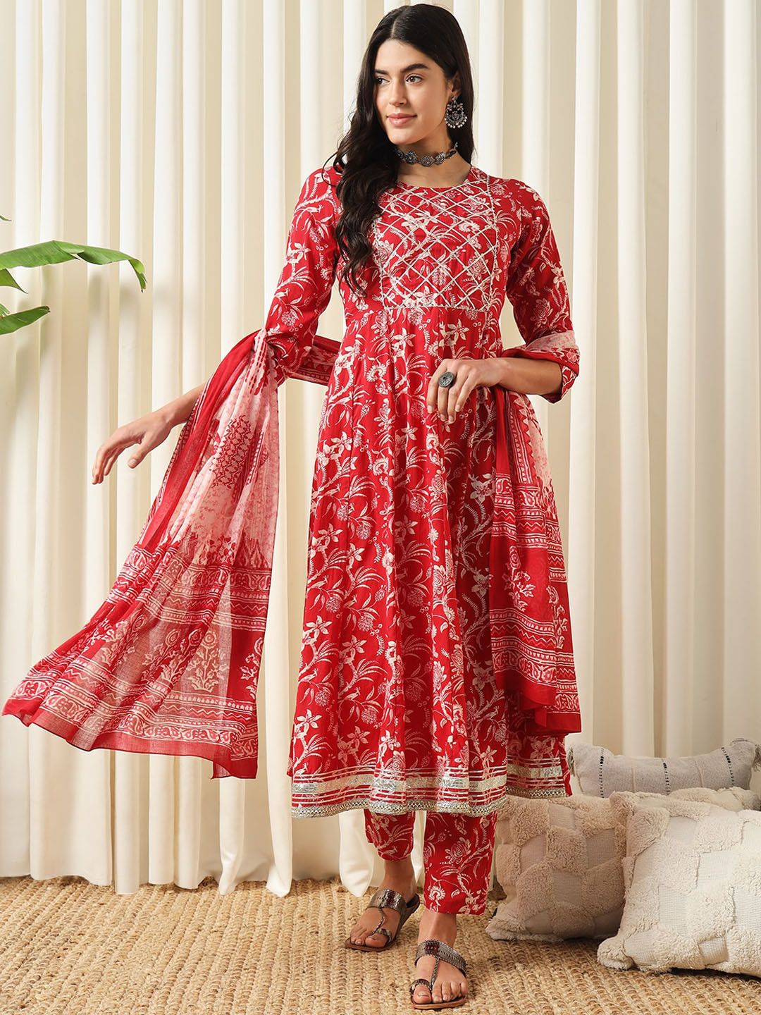 

KALINI Ethnic Printed Gotta Patti Anarkali Pure Cotton Kurta with Trousers & Dupatta, Red