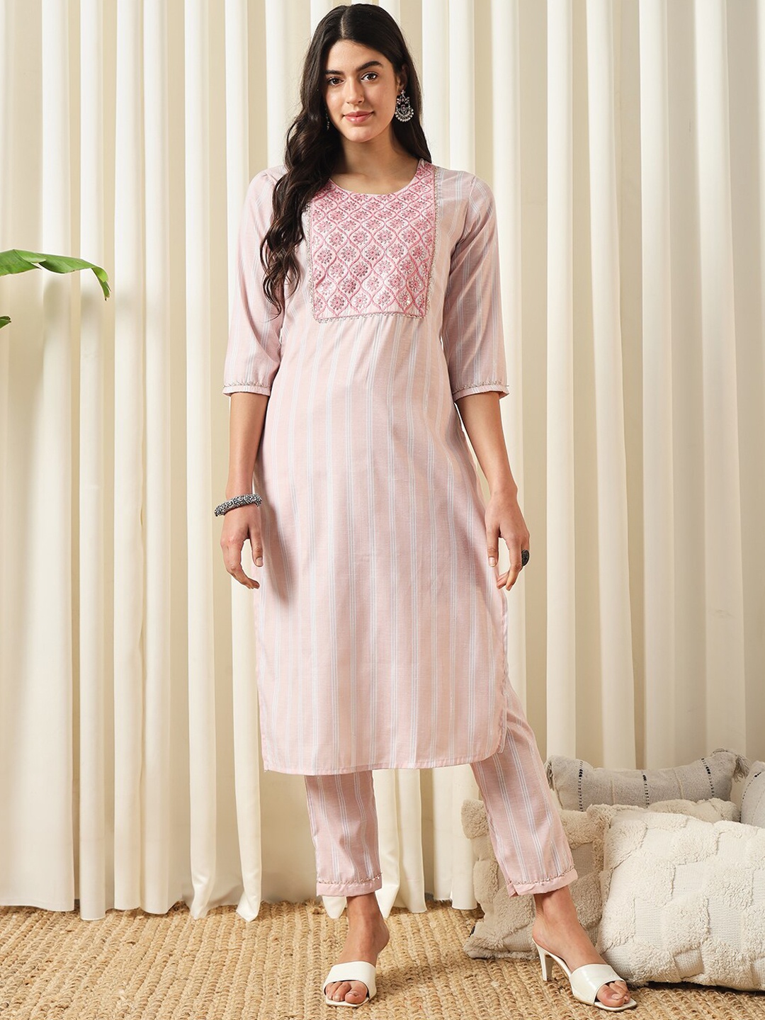

KALINI Striped Thread Work Sequinned Kurta with Trousers, Peach