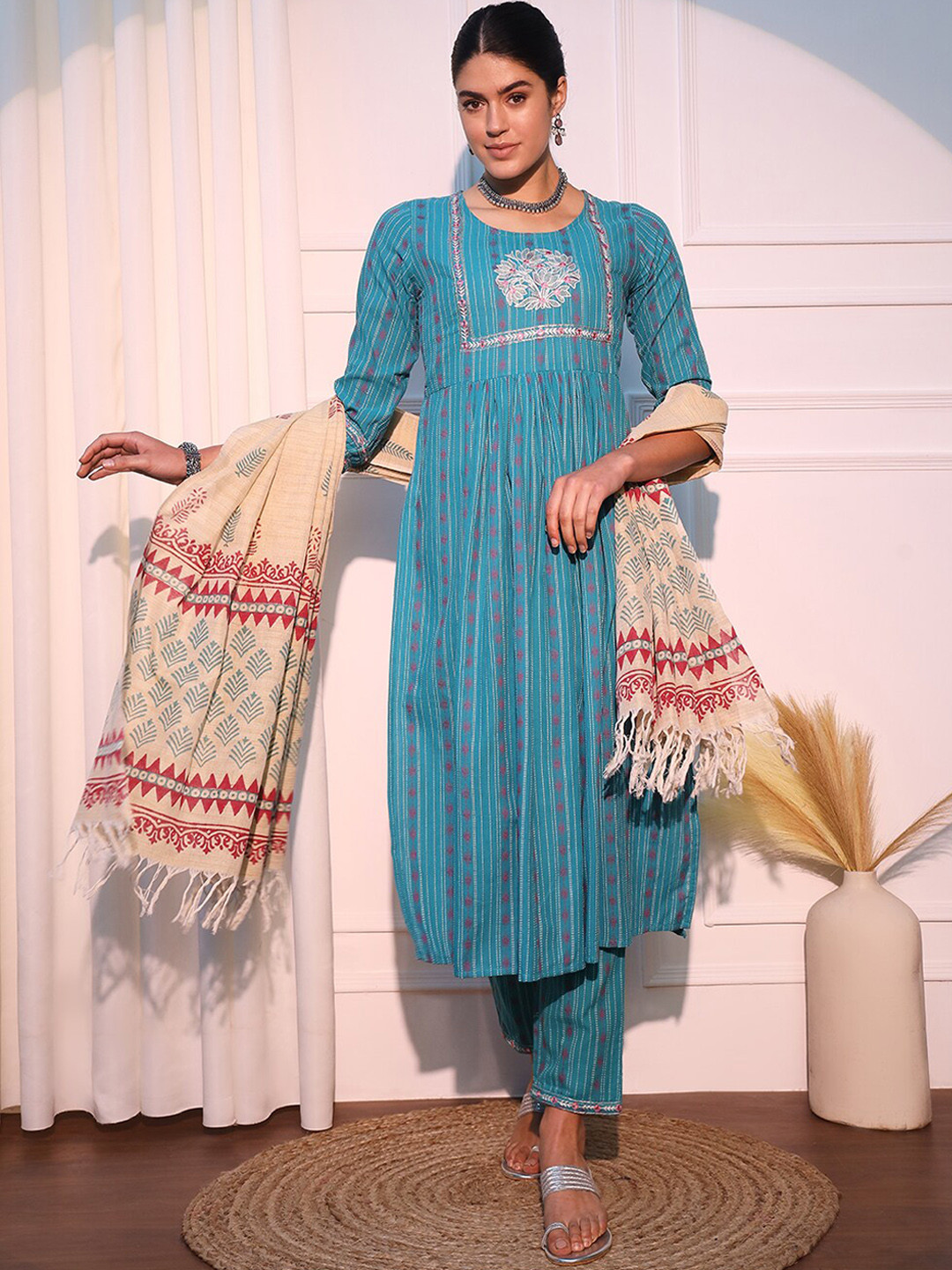 

KALINI Ethnic Motifs Embroidered Kurta with Trousers & With Dupatta, Blue