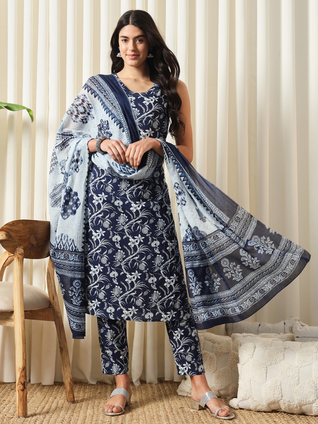 

KALINI Floral Printed Pure Cotton Kurta with Trousers & Dupatta, Blue