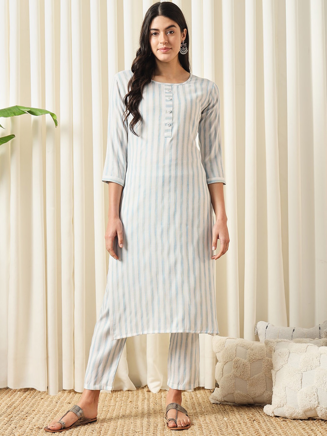 

KALINI Striped Round Neck Regular Kurta With Trousers, Teal