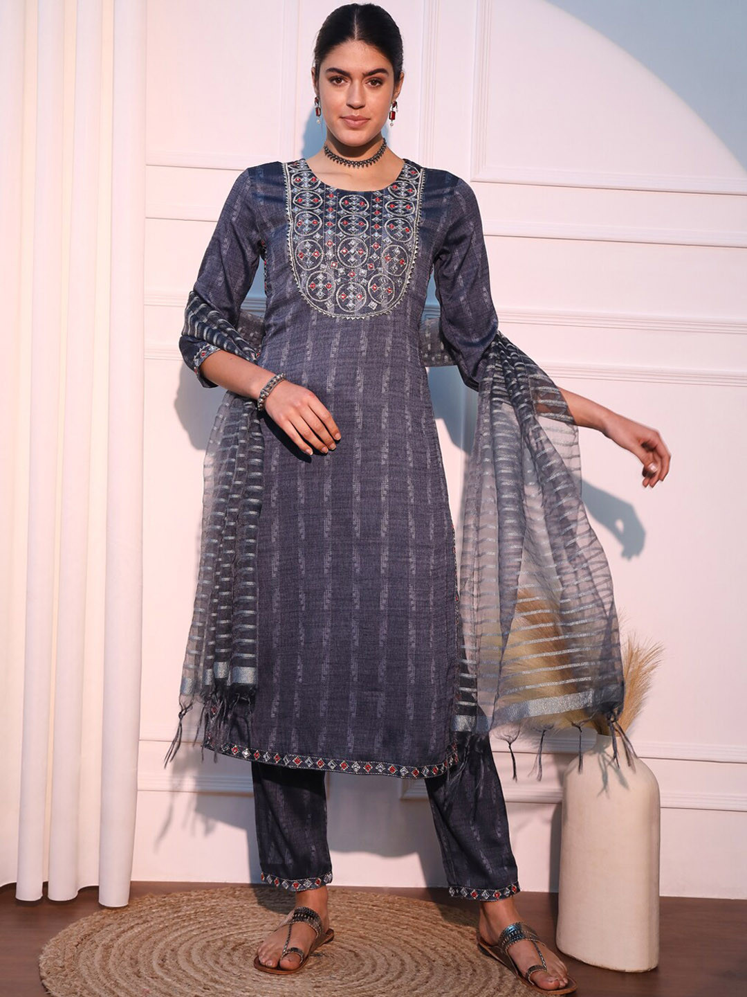 

KALINI Abstract Printed Mirror Work Kurta with Trousers & Dupatta, Blue