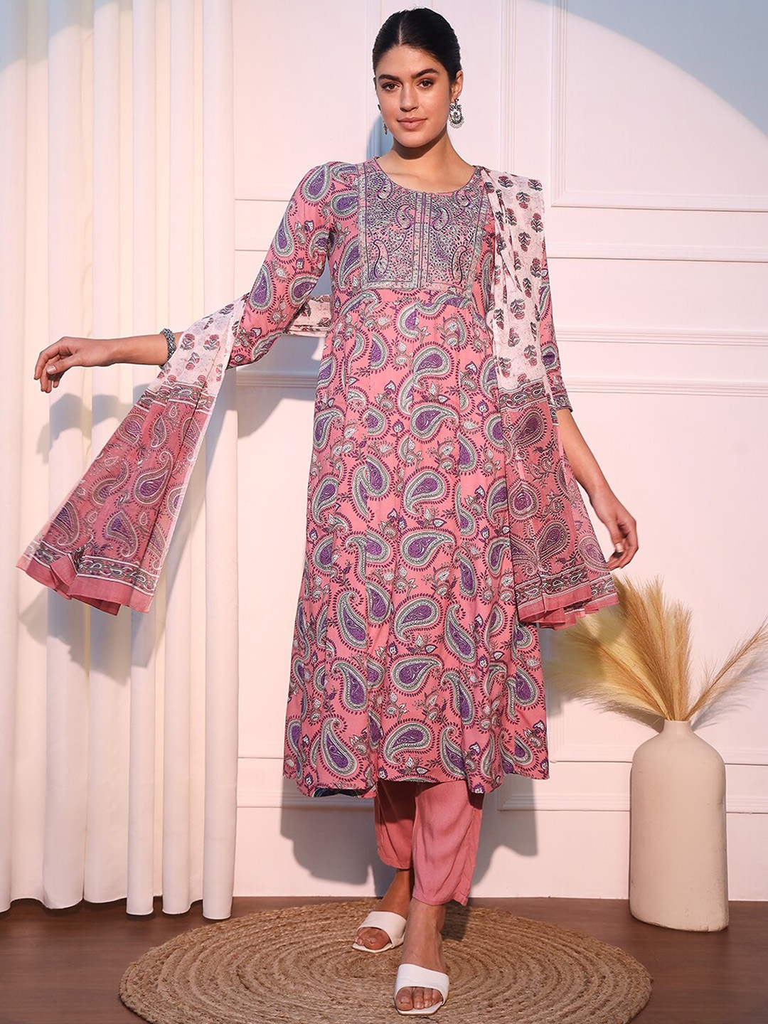 

KALINI Paisley Printed Kurta With Trousers & Dupatta, Pink