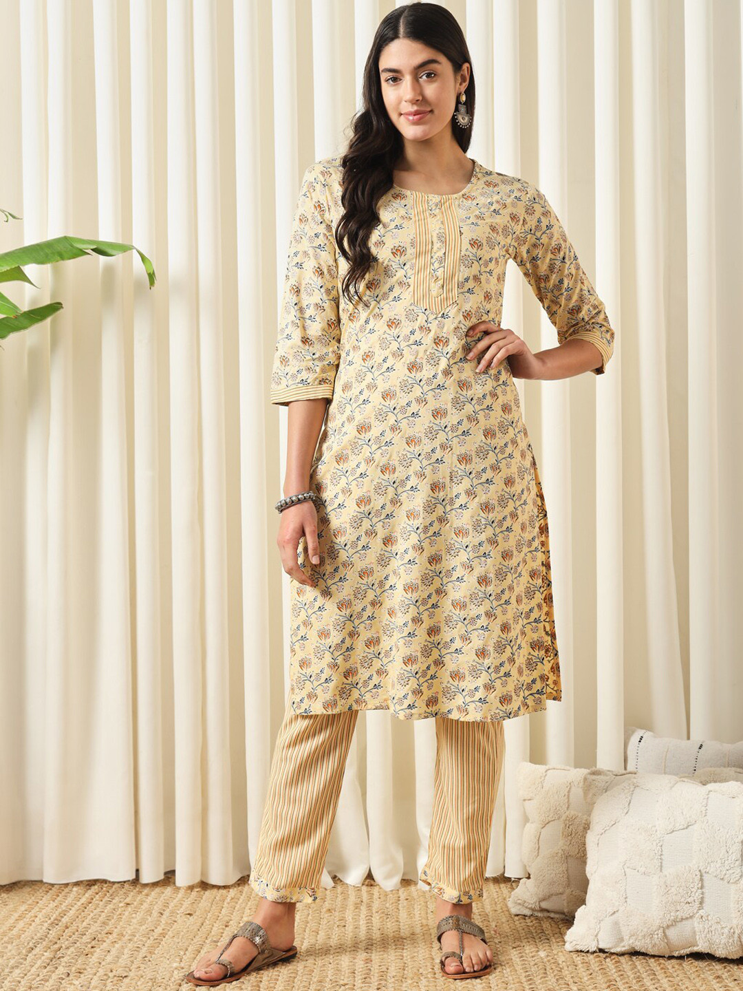 

KALINI Floral Printed Straight Kurta With Trouser, Beige