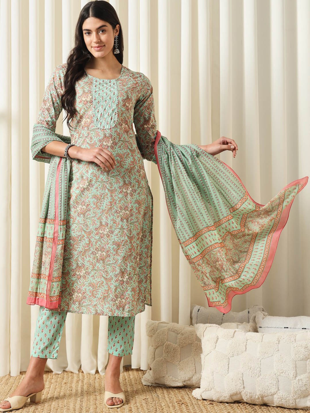 

KALINI Floral Printed Pure Cotton Kurta With Trousers & Dupatta, Teal