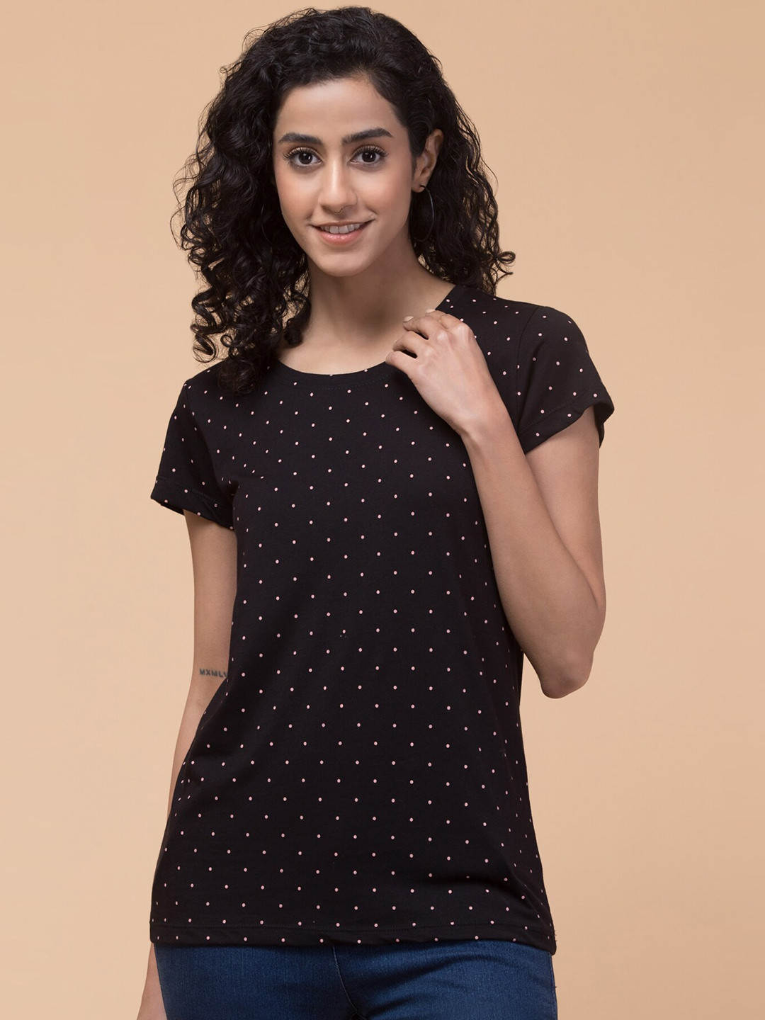 

Hive91 Polka Dot Printed Round Neck Cotton Relaxed Fit T-shirt, Black