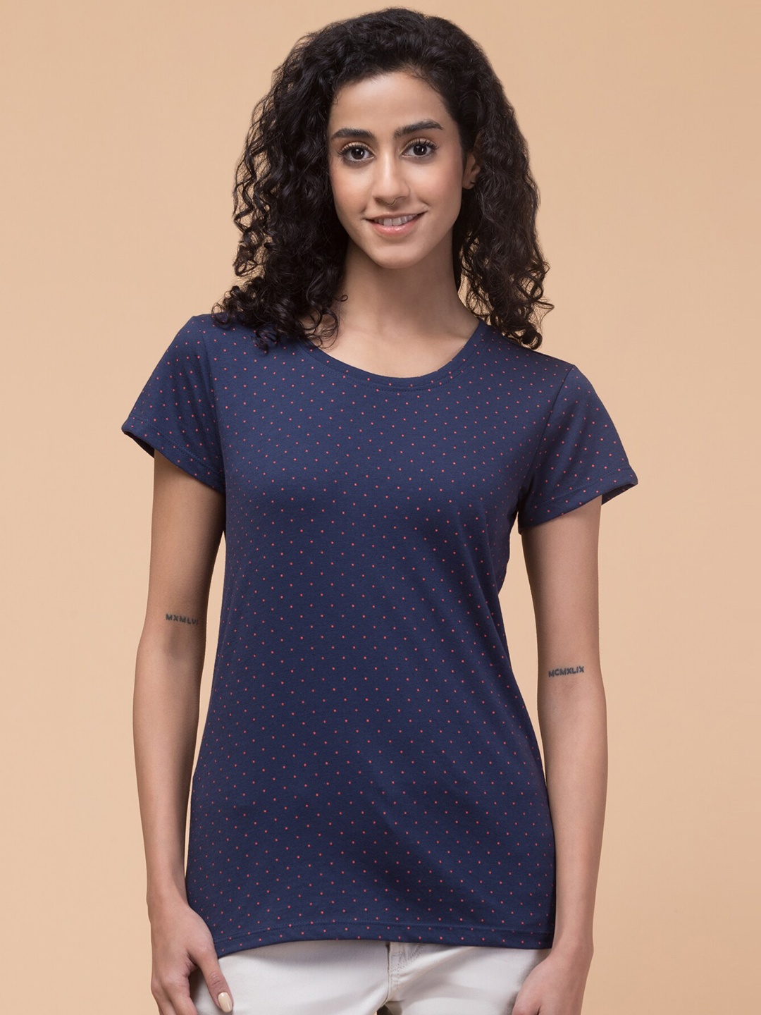 

Hive91 Polka Dot Printed Round Neck Cotton Relaxed Fit T-shirt, Navy blue