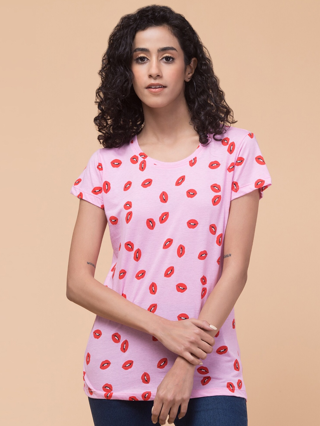 

Hive91 Conversational Printed Round Neck Cotton Relaxed Fit T-shirt, Pink