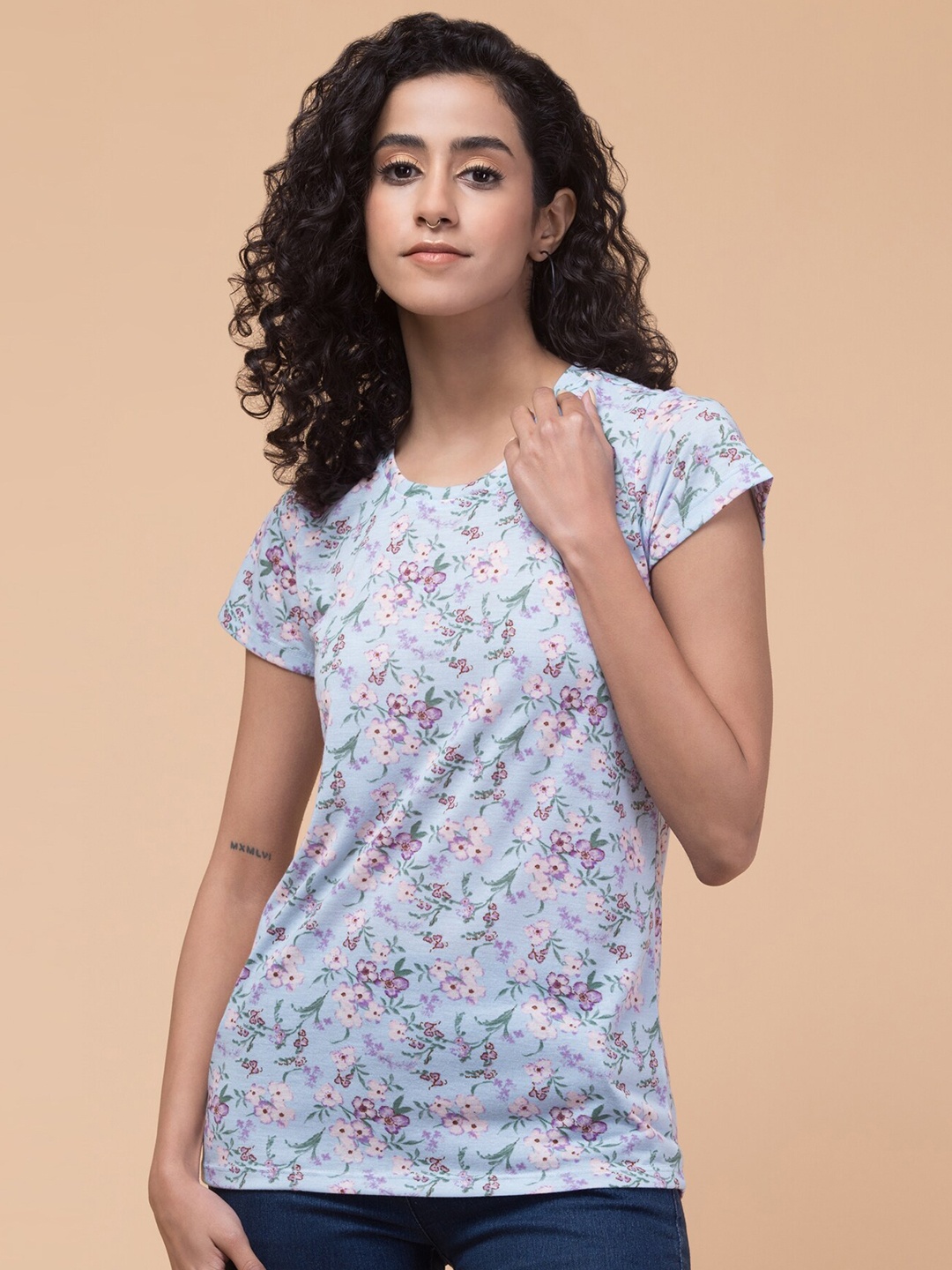

Hive91 Floral Printed Round Neck Cotton Relaxed Fit T-shirt, Blue