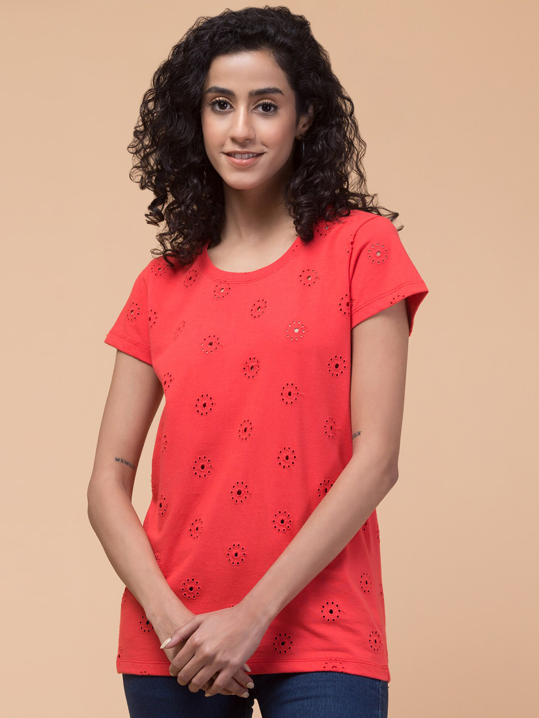 

Hive91 Floral Shifley Cotton Round Neck Relaxed Fit Casual T-shirt, Red