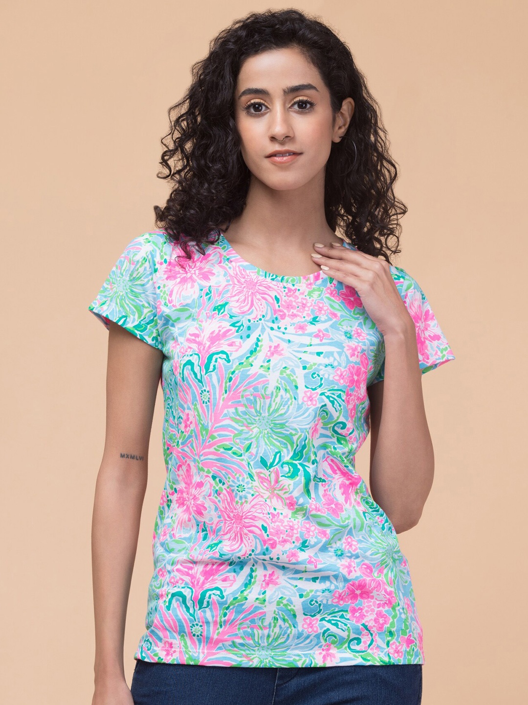 

Hive91 Floral Printed Round Neck Cotton Relaxed Fit T-shirt, Pink
