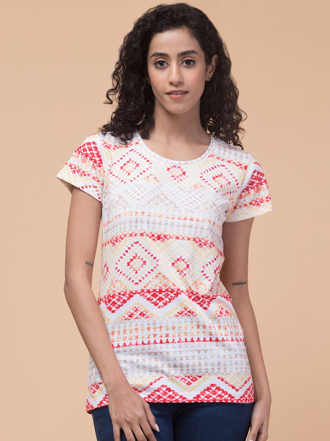 

Hive91 Tribal Printed Round Neck Cotton Relaxed Fit T-shirt, White