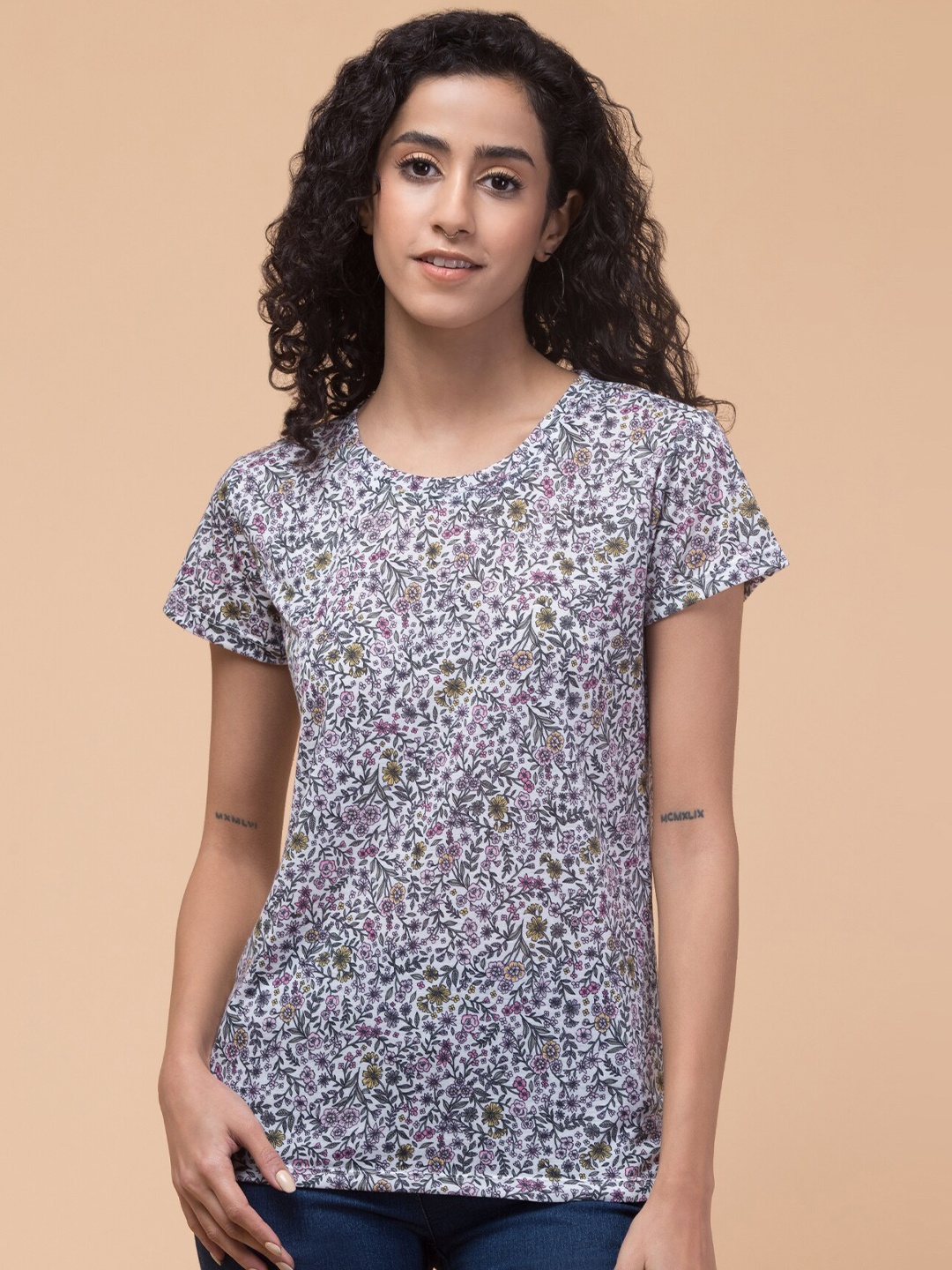 

Hive91 Floral Printed Round Neck Cotton Relaxed Fit T-shirt, Pink