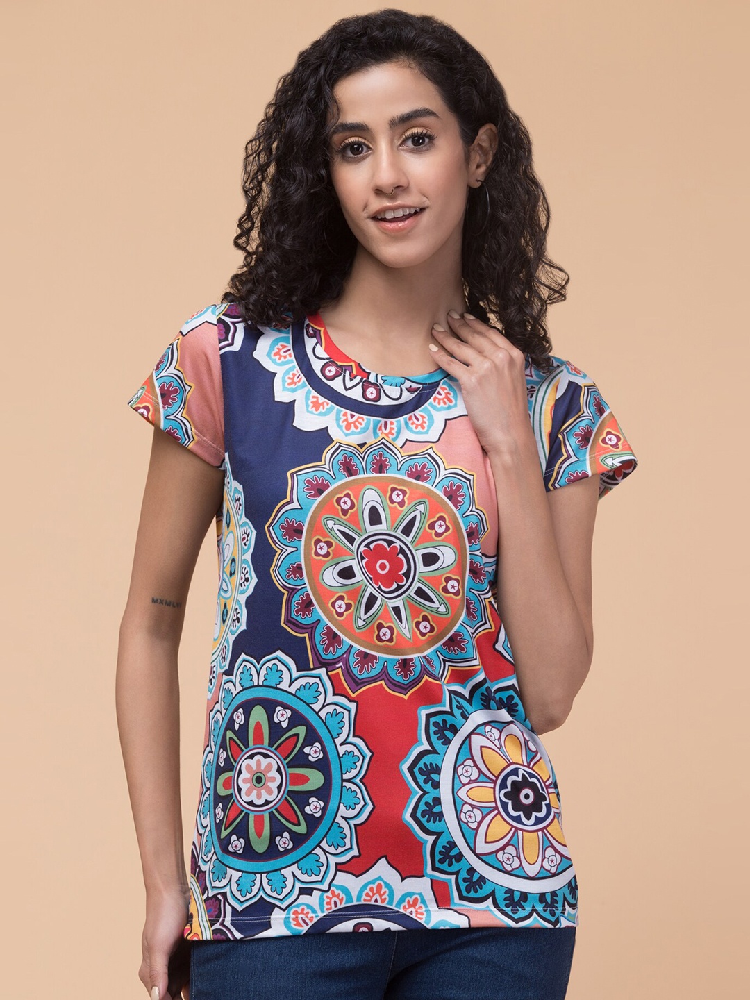 

Hive91 Floral Printed Round Neck Relaxed Fit T-shirt, Blue