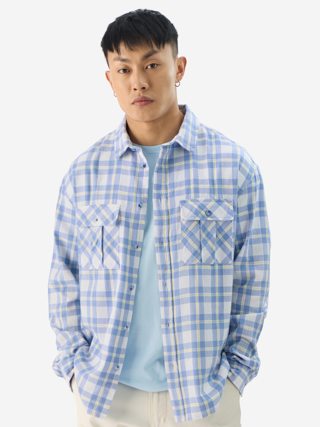 

The Souled Store Tartan Checked Spread Collar Pure Cotton Casual Shacket, Blue