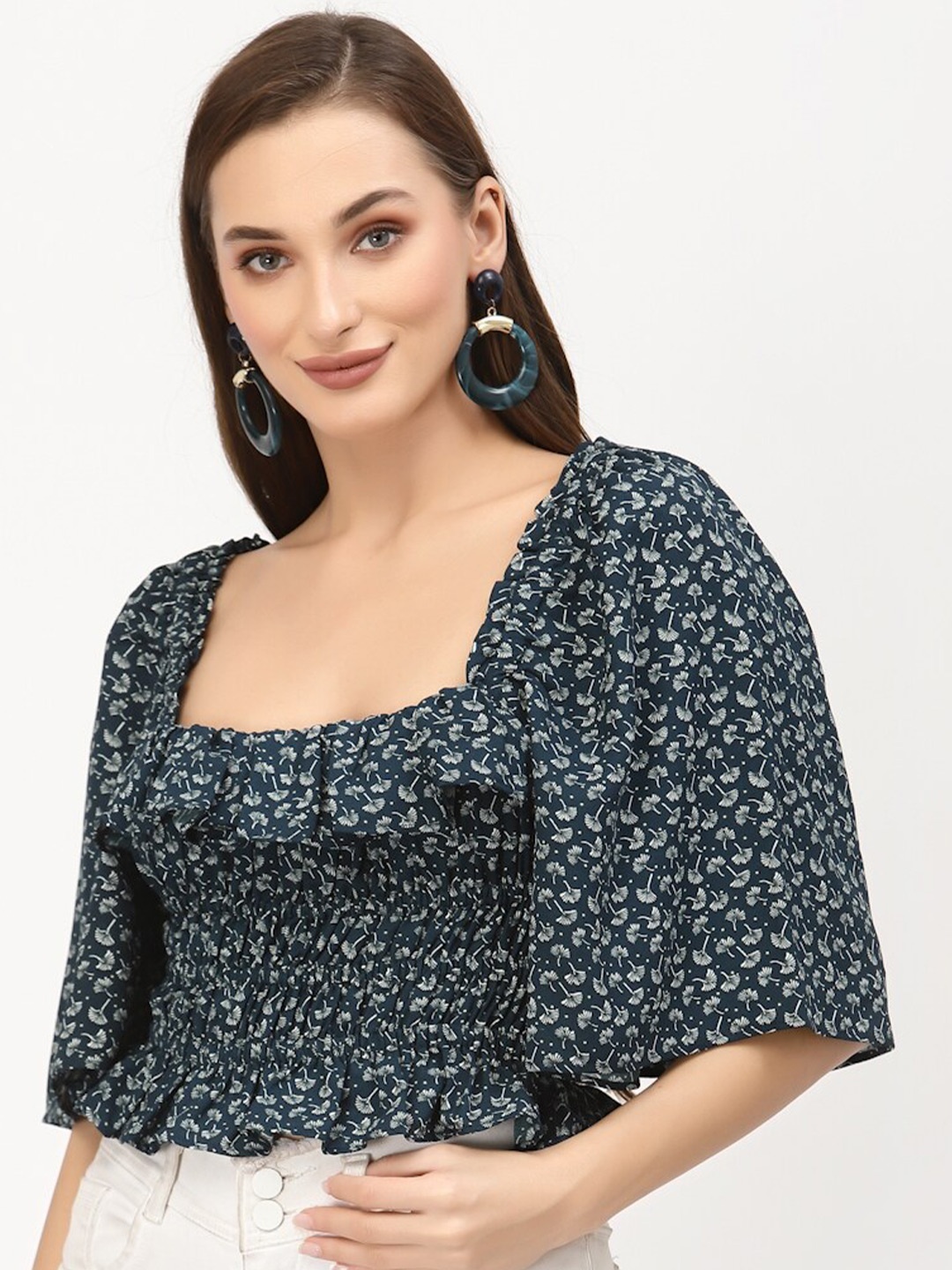

BELAVINE Floral Printed Square Neck Flared Sleeves Crop Top, Blue