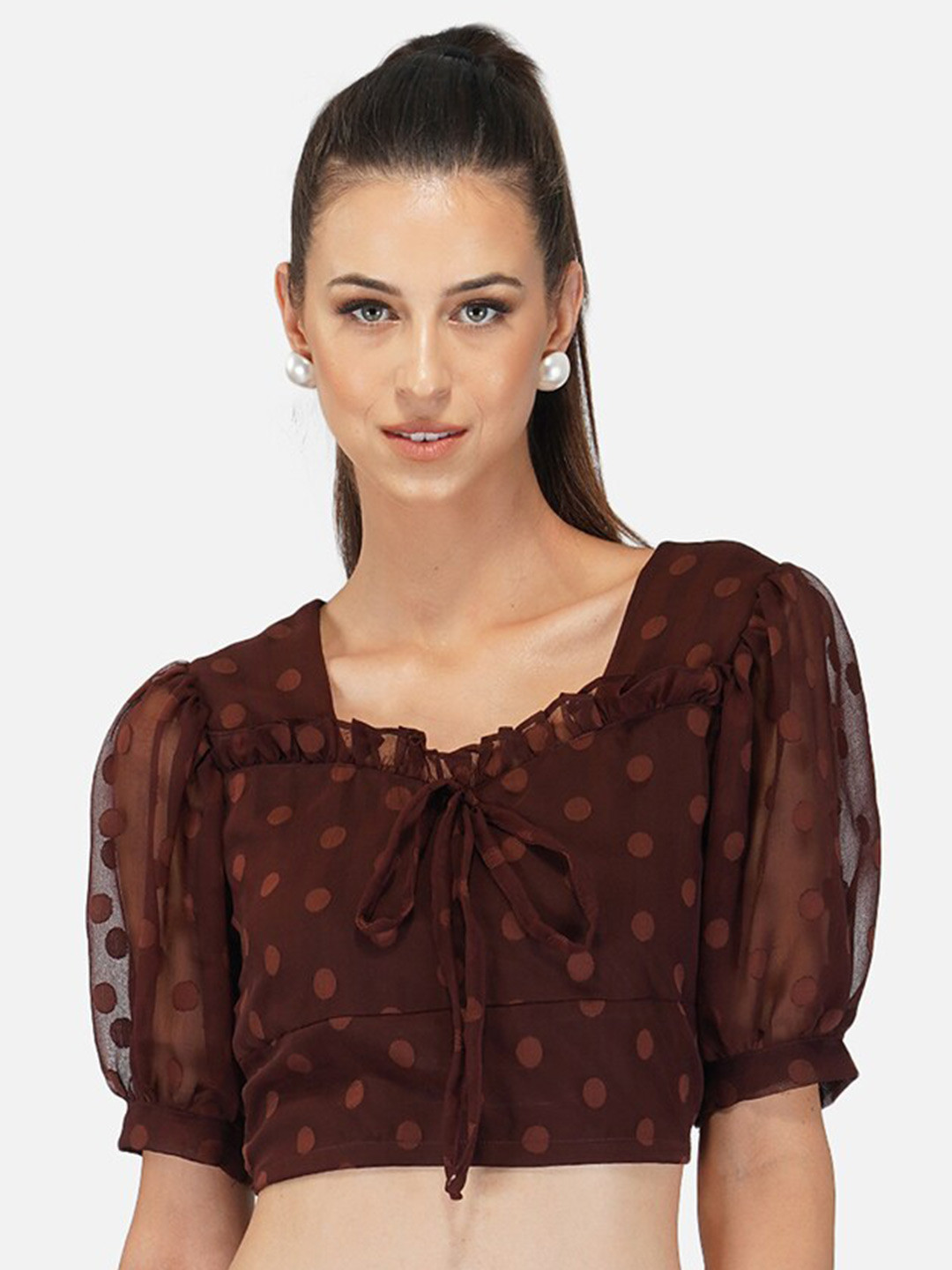 

BELAVINE Self Design Tie-Up Neck Puff Sleeve Crop Top, Brown