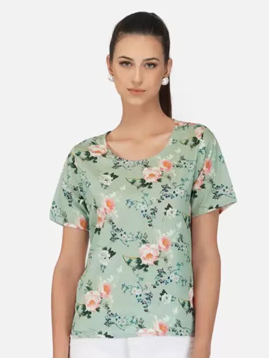 

BELAVINE Floral Printed Short Sleeves T-shirt, Green