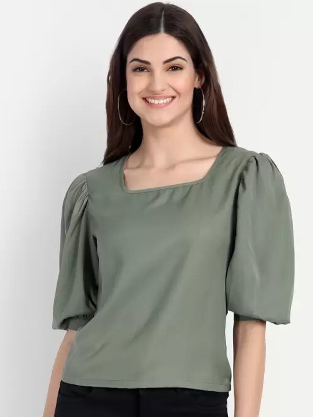 

BELAVINE Square Neck Puff Sleeves Top, Olive