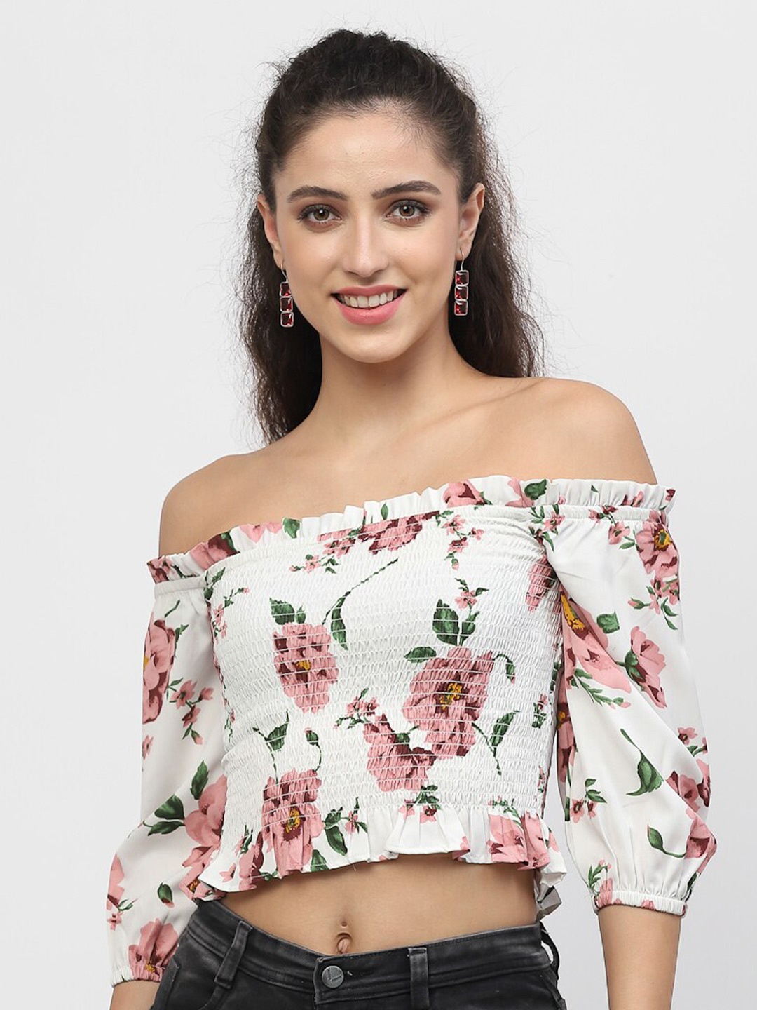 

BELAVINE Floral Printed Smocked Off-Shoulder Bardot Crop Top, White